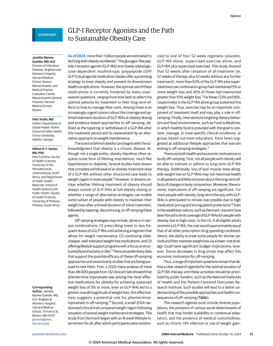 JAMA Internal Medicine (@jamainternalmed) on Twitter photo Viewpoint by @IDDocJen, <a href="/FelixJTeufel/">Felix Teufel</a>, and <a href="/FrancoisVenter3/">Francois Venter</a> discusses the optimal Tx duration of GLP-1 receptor agonists in people with obesity and the benefits of off-ramping, the tapering of these antiobesity medications following an initial Tx period. ja.ma/4h8iqu7 Viewpoint by @IDDocJen, <a href="/FelixJTeufel/">Felix Teufel</a>, and <a href="/FrancoisVenter3/">Francois Venter</a> discusses the optimal Tx duration of GLP-1 receptor agonists in people with obesity and the benefits of off-ramping, the tapering of these antiobesity medications following an initial Tx period. ja.ma/4h8iqu7