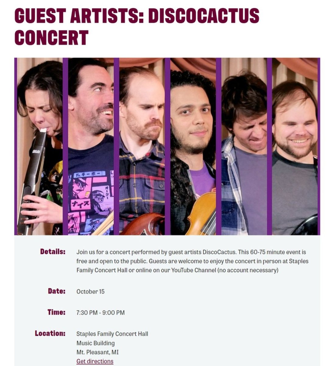 disco_cactus's tweet image. We&apos;re super excited to perform at Central Michigan University tonight!  If you can&apos;t make it person, don&apos;t fret- the show will be streamed. The festivities begin at 7:30pm ET, find the 🔗 in the replies!