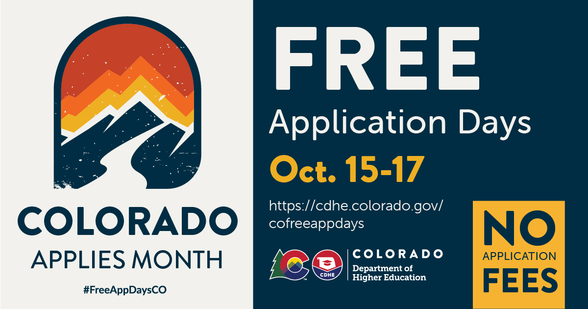 You can apply to Colorado colleges and universities for free through midnight on Thursday, Oct. 17! Don't miss out! Find instructions to apply for free at your college of choice at ow.ly/ctpG50TLYFc. #FreeAppDaysCO