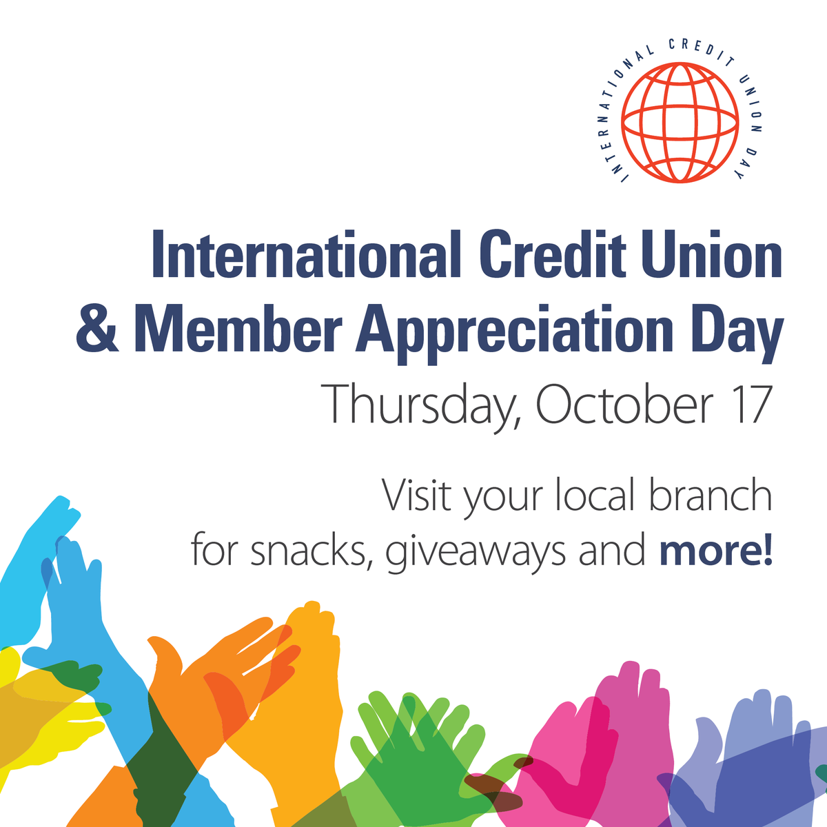 AppleFederalCU's tweet photo. 🎉 Celebrate International Credit Union Day AND Member Appreciation Day with us this Thurs., Oct. 17! Enjoy free snacks, exclusive merch and a chance to win a $50 gift card at your local branch!🎁
#AppleFCU #CreditUnionDay #ThankYou https://t.co/lOE7WJWBUz
