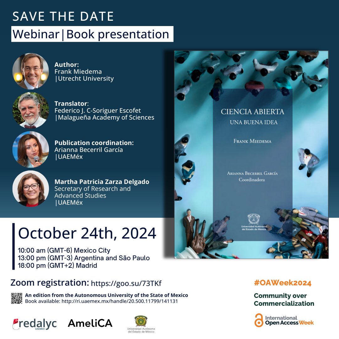 Redalyc (@redalyc) on Twitter photo ¡Save the Date!📅
Webinar | Book Presentation "CIENCIA ABIERTA: UNA BUENA IDEA"
🗓️October 24th, 2024
🕙10hrs (GMT-6) Mexico City, 13hrs (GMT-3) Argentina and São Paulo, 18hrs (GMT+2) Madrid
Register Now👇
us02web.zoom.us/webinar/regist…
<a href="/Redalyc/">Redalyc</a> <a href="/Ameli_CA/">AmeliCA Conocimiento Abierto</a> <a href="/UAEM_MX/">UAEMéx</a>
#OAWeek2024 #OpenAccess ¡Save the Date!📅
Webinar | Book Presentation "CIENCIA ABIERTA: UNA BUENA IDEA"
🗓️October 24th, 2024
🕙10hrs (GMT-6) Mexico City, 13hrs (GMT-3) Argentina and São Paulo, 18hrs (GMT+2) Madrid
Register Now👇
us02web.zoom.us/webinar/regist…
<a href="/Redalyc/">Redalyc</a> <a href="/Ameli_CA/">AmeliCA Conocimiento Abierto</a> <a href="/UAEM_MX/">UAEMéx</a>
#OAWeek2024 #OpenAccess