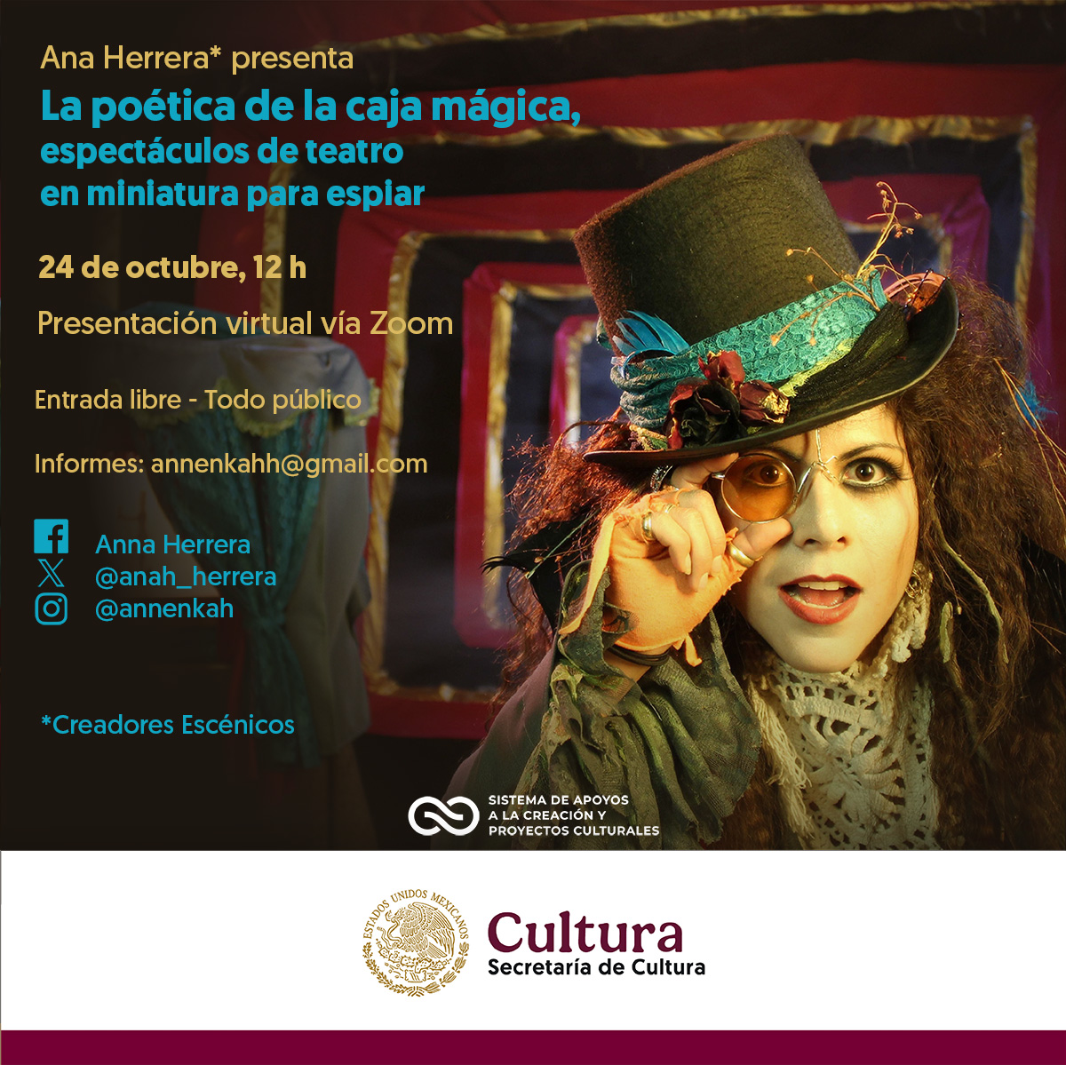 SistemaCreacion's tweet photo. 🎭Las cajas mágicas son espectáculos de teatro de títeres y objetos que representan secretas situaciones. ¡Descubre esta forma de teatro con @anah_herrera (CE)!

📅24 de octubre, 12 h
💻Vía Zoom
✉️Entrada libre, informes a través del correo: annenkahh@gmail.com

@cultura_mx https://t.co/wCxhnd4ysm