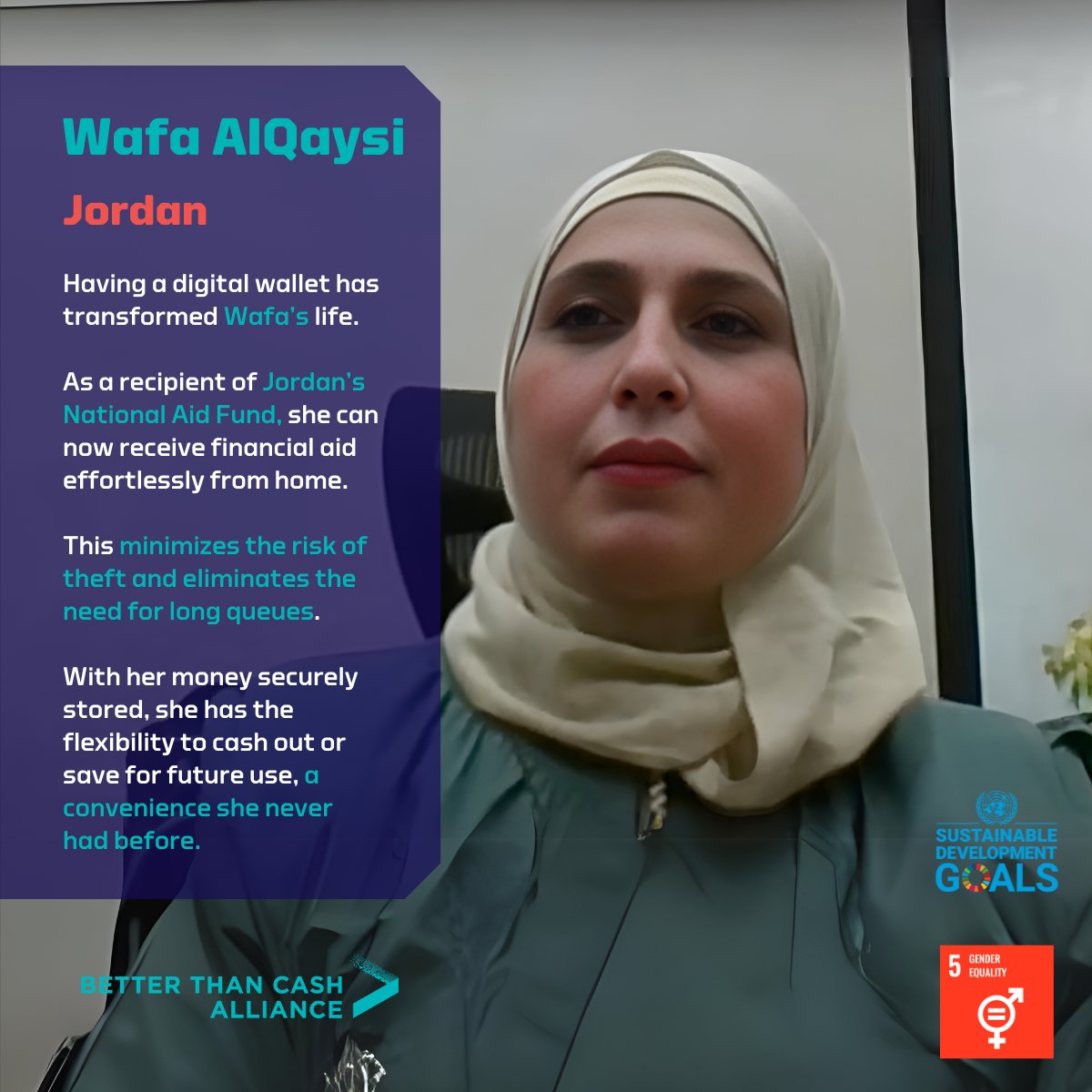 🇺🇳 The Global Digital Compact advances #digital cooperation with commitments to closing digital divides &amp; connecting everyone to the #Internet. 
As a recipient of #Jordan's National Aid Fund, Wafa now receives financial aid directly to her mobile wallet.
un.org/global-digital…