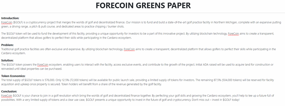 forecoin's tweet photo. 🏌️🚀 Introducing the ForeCoin $GOLF GreensPaper! Learn how we're building an epic golf practice facility powered and backed by our new #Cardano native token --> ForeCoin (GOLF) <-- a very limited supply token. Read now and invest in the future of golf and crypto! ⛳️ https://t.co/MFvVvkG0un