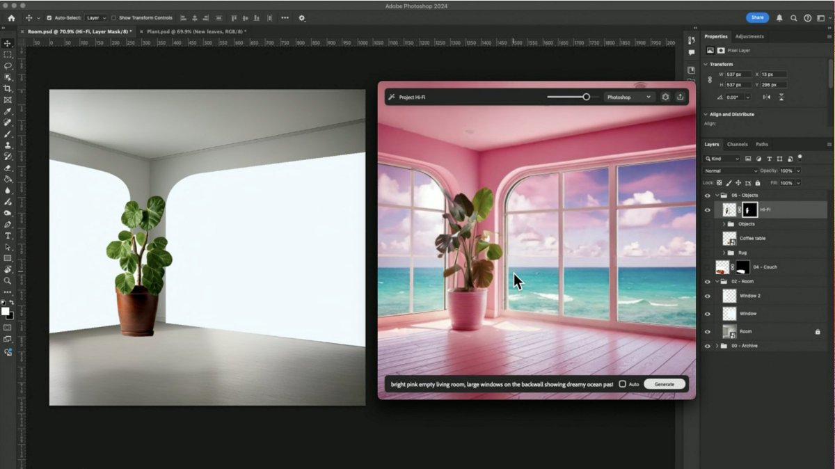 risay's tweet photo. #ProjectHiFi #AdobeMAX 
Photoshopで表示しているドキュメントをソースとしてほぼ遅延なしでスタイル参照からの生成してる
しかもPhotoshop上で描いたラフ上で移動や拡大縮小しても追加が生成画像に部分的に反映されていく
カメラから取り込んだ映像でも形が認識できれば反映
おおおお！ https://t.co/DC5J0UXeNB