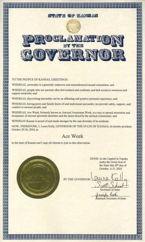 For the first time in history, we are pleased to announce that the state of Kansas is formally recognizing Ace Week 🖤🩶🤍💜

Thank you Governor Laura Kelly

#AceWeek #AsexualAwarenessWeek #AceWeek2024