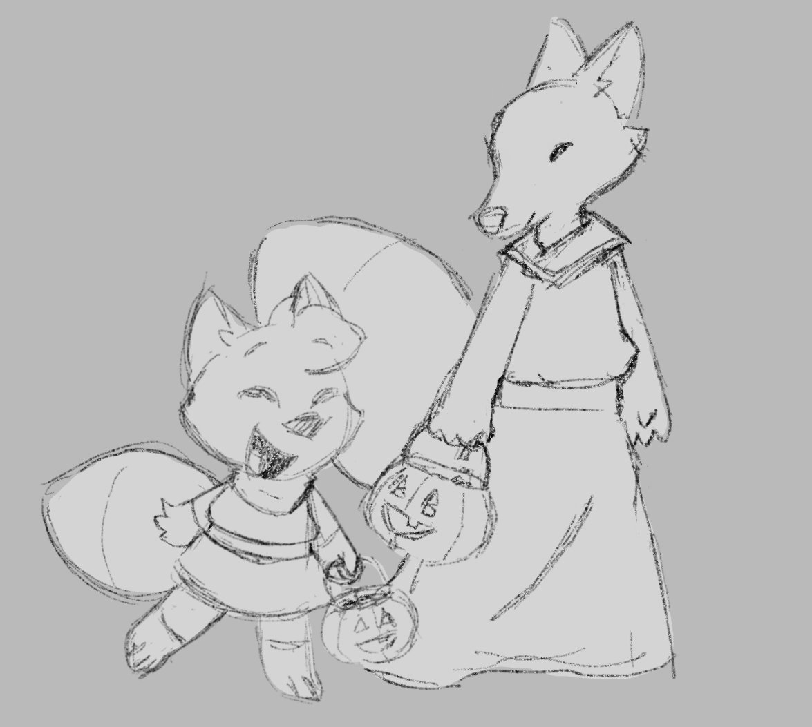 SwerveAlec's tweet image. Doodle during work of the Tunic fox and Heir going trick or treating. I've been too lazy to finish stuff lately lol