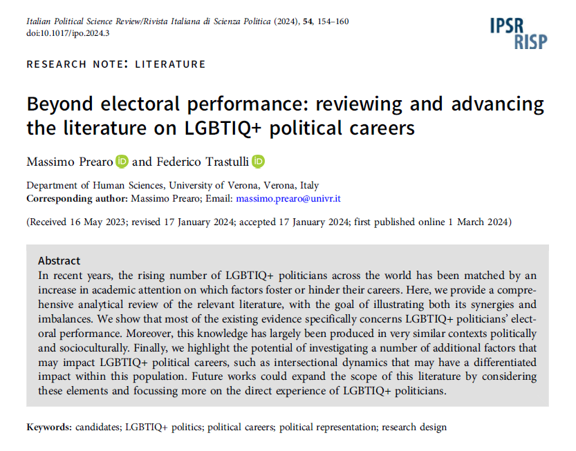 RISP Ita PolSc Rev (@ita_polsc_rev) on Twitter photo Now in Vol.54/2
In this ResearchNote <a href="/massimoprearo/">Massimo Prearo</a> <a href="/fedetrastulli/">Federico Trastulli</a> review literature on LGBTIQ+ politicians' careers, showing that existing evidence focus on electoral performance & highlighting the potential of investigating additional factors
#OpenAccess
cambridge.org/core/journals/… Now in Vol.54/2
In this ResearchNote <a href="/massimoprearo/">Massimo Prearo</a> <a href="/fedetrastulli/">Federico Trastulli</a> review literature on LGBTIQ+ politicians' careers, showing that existing evidence focus on electoral performance & highlighting the potential of investigating additional factors
#OpenAccess
cambridge.org/core/journals/…