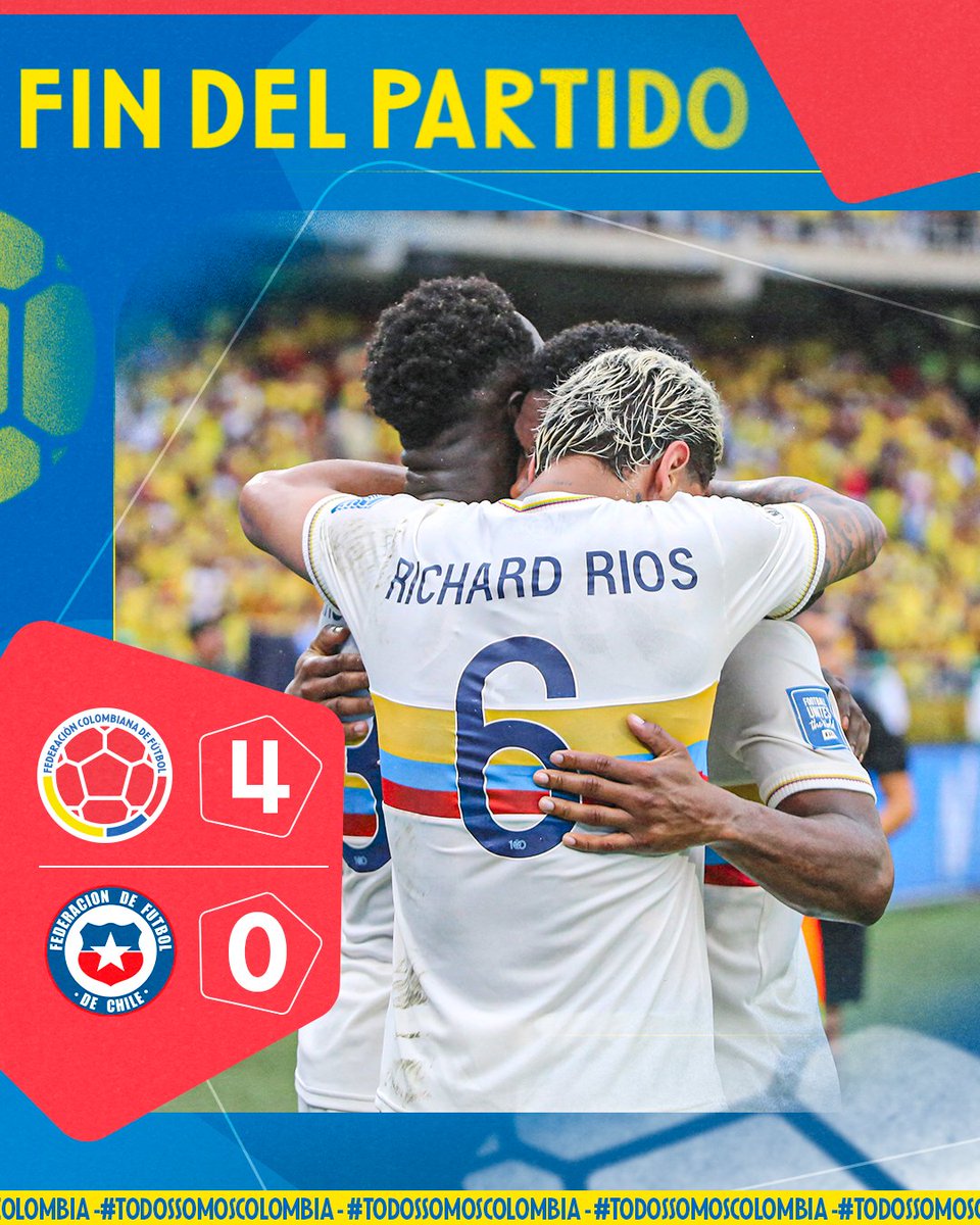 FCFSeleccionCol's tweet image. ¡𝙁𝙞𝙣𝙖𝙡𝙞𝙯𝙖 𝙚𝙡 𝙥𝙖𝙧𝙩𝙞𝙙𝙤!

¡Volvimos al triunfo!

🇨🇴 4 - 0 🇨🇱

#TodosSomosColombia 🇨🇴
#ElPartidoDelCentenario