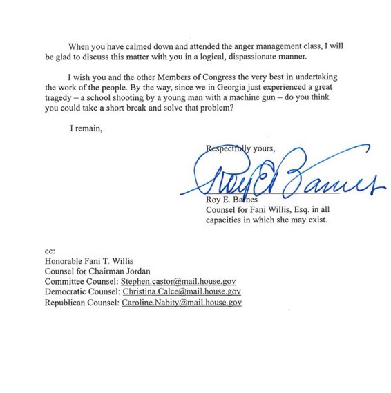 I want you to read this “Bless Your Heart” letter that former GA Governor Roy Barnes wrote to Extreme MAGA Rep. Gym Jordan.  This is priceless!!!