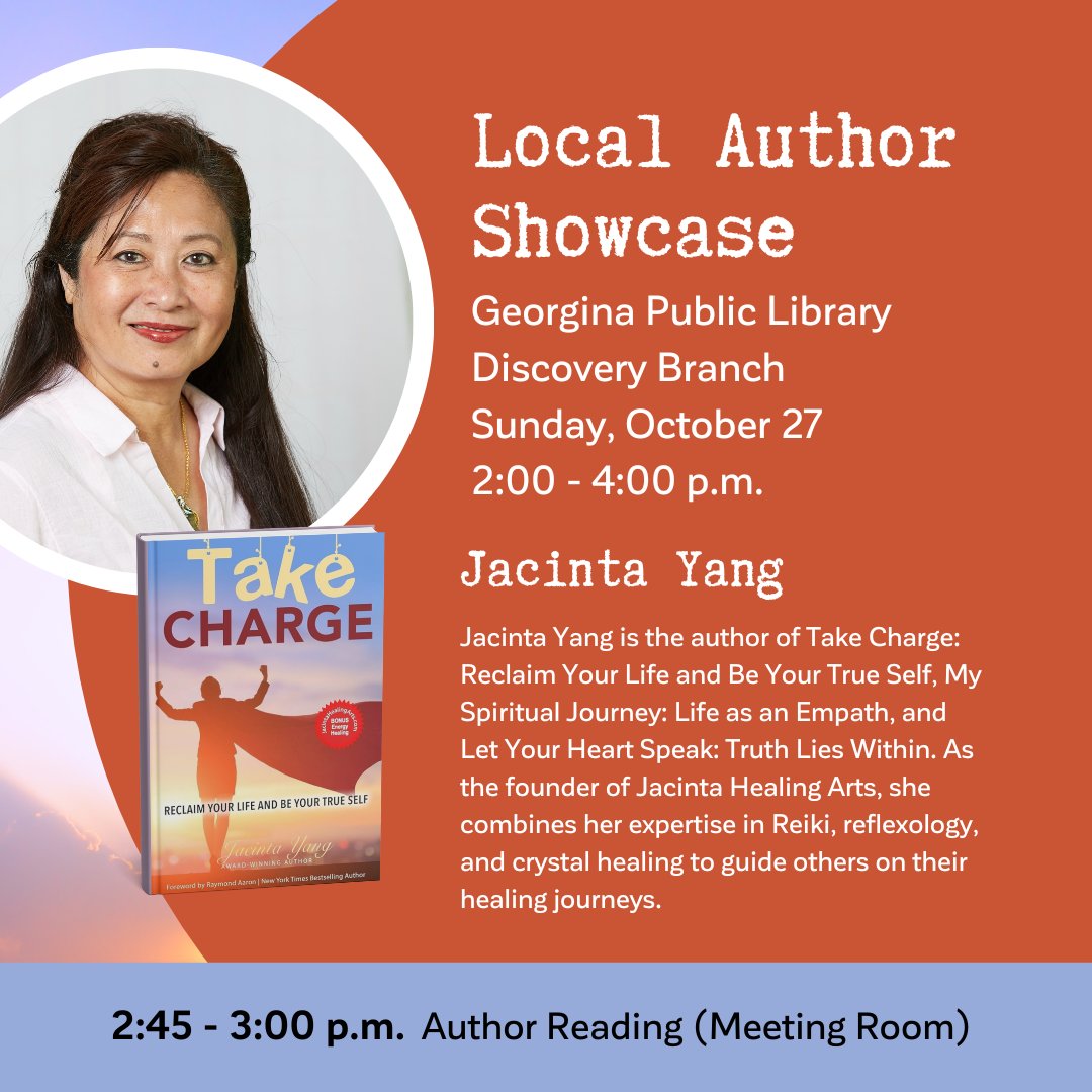 Meet Jacinta Yang local author and founder of Jacinta Healing Arts at Discovery Branch on Sunday, October 27 from 2:00 - 4:00 p.m. Don't miss out on her author reading at 2:45 p.m. in the meeting room! #LocalAuthorShowcase
