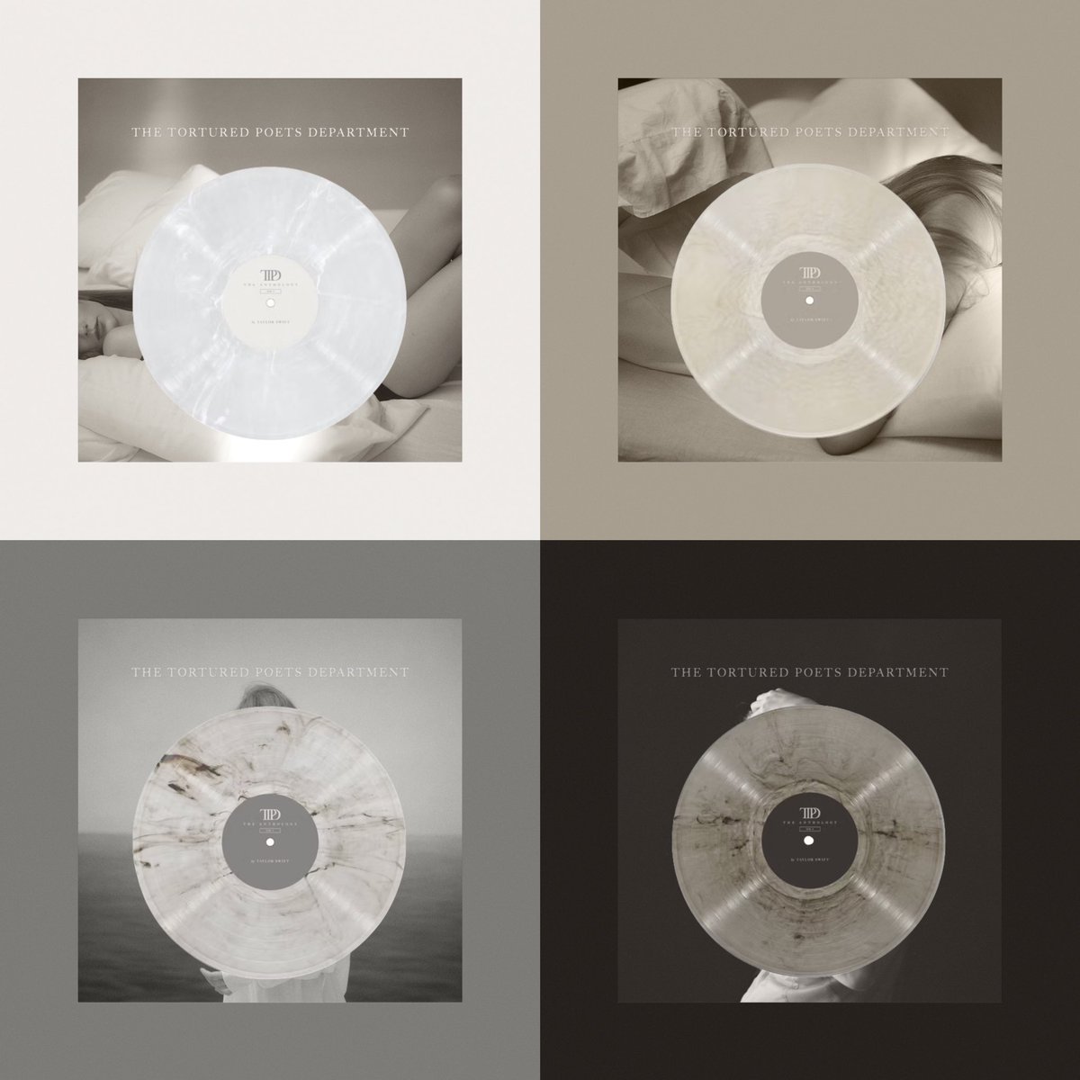 taylorswiftbr's tweet image. Os quatro discos presentes na versão física do vinil do “TTPD: The Anthology” combinam com as cores do álbum físico padrão! 🤍🤎🩶🖤