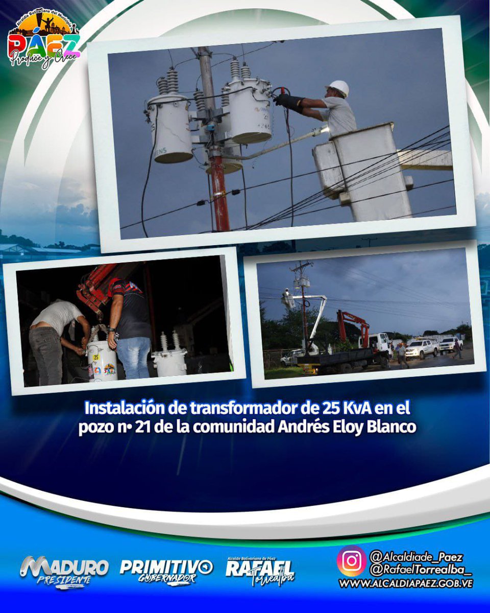 Por instrucciones del alcalde Rafael Torrealba, se sustituyó un transformador de 25 KvA en el pozo n• 21, ubicado en Andrés Eloy Blanco, el cual surte de agua potable a parte de esta comunidad y al ASIC Pablo Salcedo.