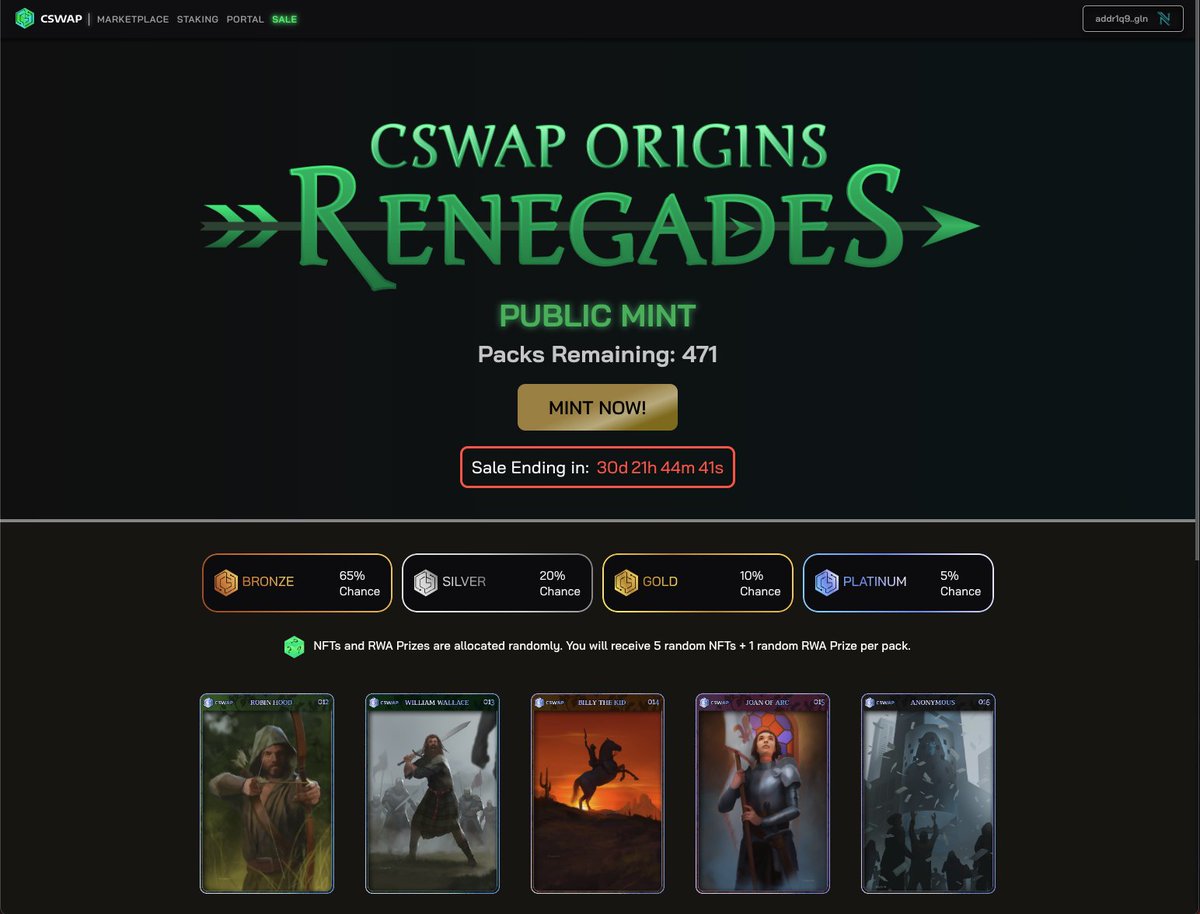 CswapDEX's tweet image. 📢 CSWAP Origins™ Renegades Mint is LIVE

Go here to mint NOW: cswap.market/nftsale

Please like, retweet, and comment to spread the word.

#Cardano