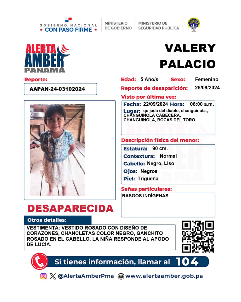 La <a href="/PGN_PANAMA/">Procuraduría General de la Nación</a> informó sobre la activación de la #AlertaAmber por la desaparición de Valery Palacio, una niña vista por última vez el 22 de septiembre en Changuinola.

#RPCRadio