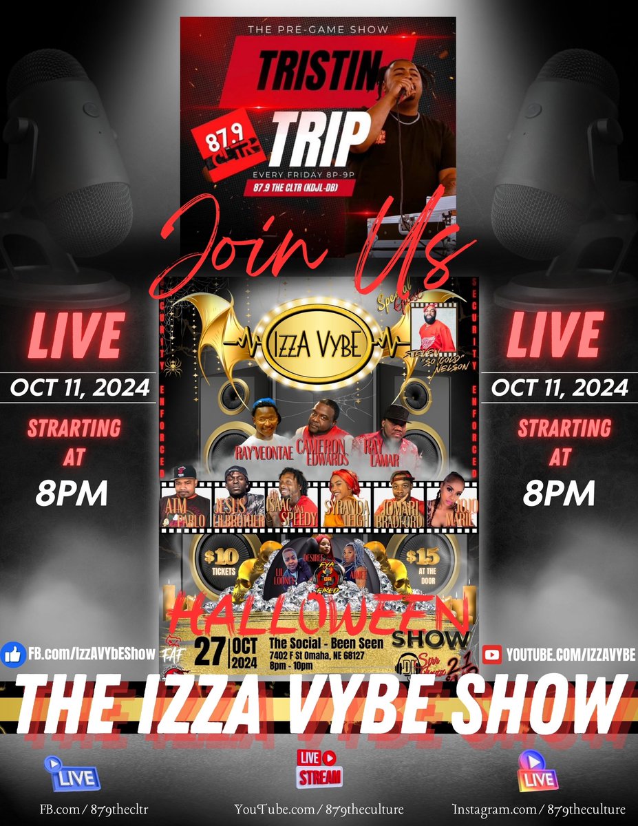 The #IzzAVybEShow is going to be on the infamous 87.9 The CLTR Friday October 11th at 8pm GIVING YOU A BIG TASTE of the MAJOR VYBE you expect to see at the IzzA VybE Halloween Music And Comedy Show October 27th! 

DON’T FORGET TO TUNE IN!! 
879theculture.com