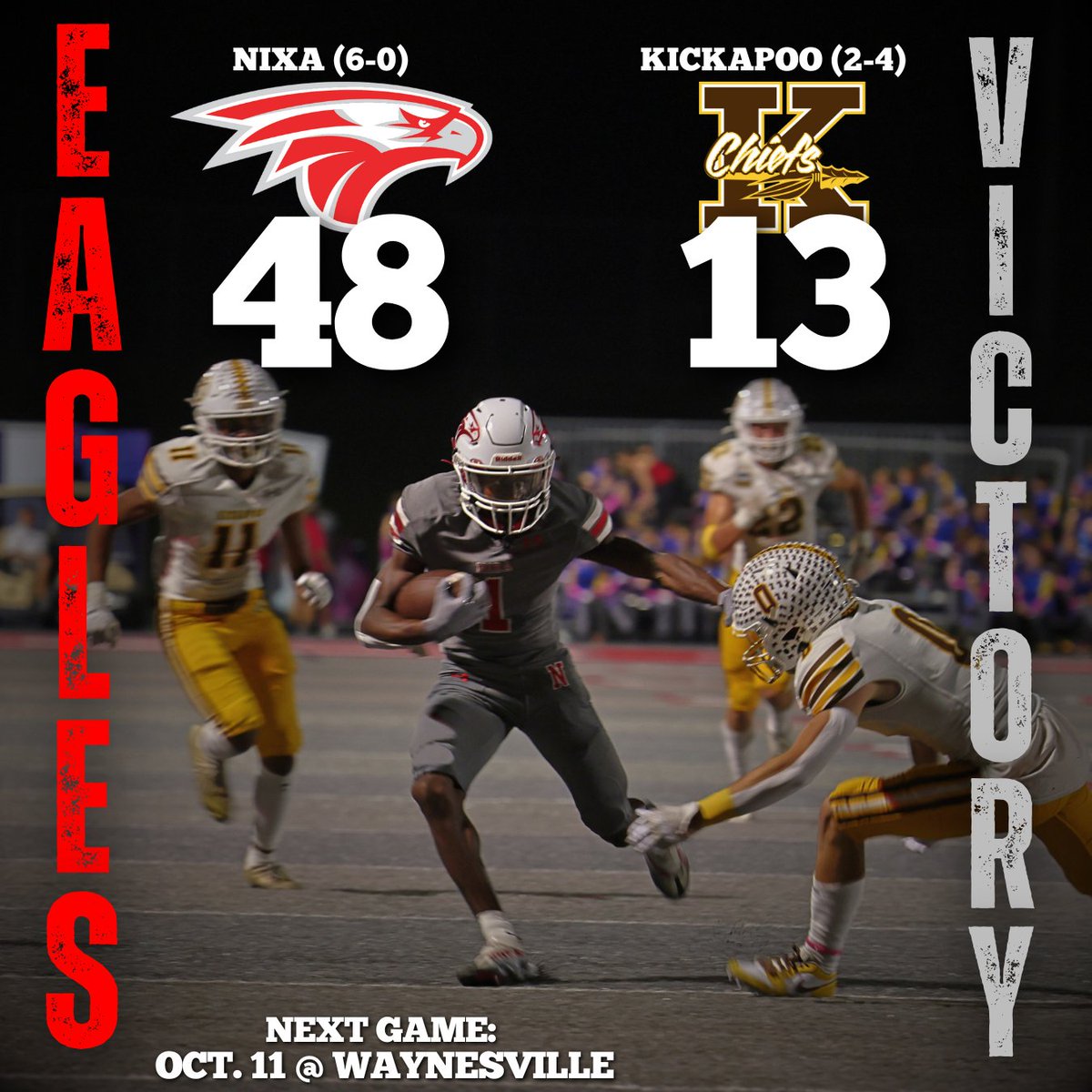 Nixa Athletics (@nixaathletics) on Twitter photo ๐ <a href="/NixaFootball/">nixafootball</a>'s complimentary football helps the Eagles jump out to an early 34-0 lead and cruises by Kickapoo, defeating the Chiefs 48-13.
TDs: Dylan Rebura (4), Keivon Flint, Wyatt Vincent, Adam McKnight
Eagles remain undefeated (6-0) and are back in action next Friday, ๐ <a href="/NixaFootball/">nixafootball</a>'s complimentary football helps the Eagles jump out to an early 34-0 lead and cruises by Kickapoo, defeating the Chiefs 48-13.
TDs: Dylan Rebura (4), Keivon Flint, Wyatt Vincent, Adam McKnight
Eagles remain undefeated (6-0) and are back in action next Friday,