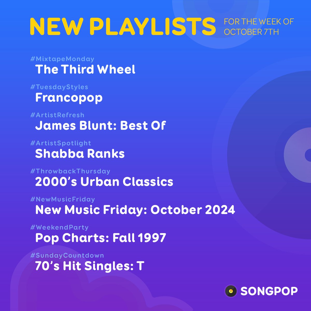 Playlists! We got playlists! Getcha hot, fresh #NewPlaylists here! Check out what's coming this week on #SongPop!