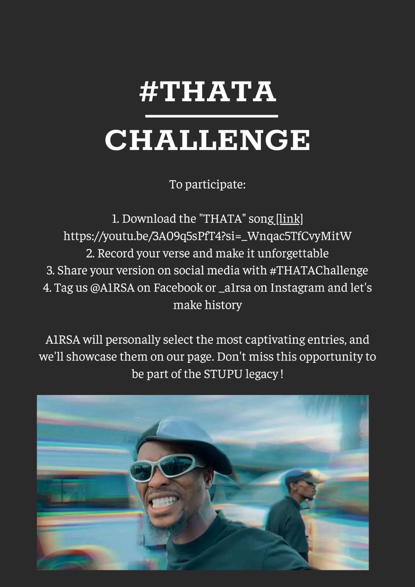 A1RSA_'s tweet photo. M A F I K E N G ㊗️

#THATA CHALLENGE IS HERE  🔥📀✈. 

3rd challenger:  *Are you next?*

[All you have to do is download the song , record your verse, POST YOUR VIDEO and get a CHANCE to be featured on the Remix] 

Follow  A1 RSA 
-LINK- 

https://t.co/FXnDVom8BT

Email your VRS https://t.co/q4RZug7w8S