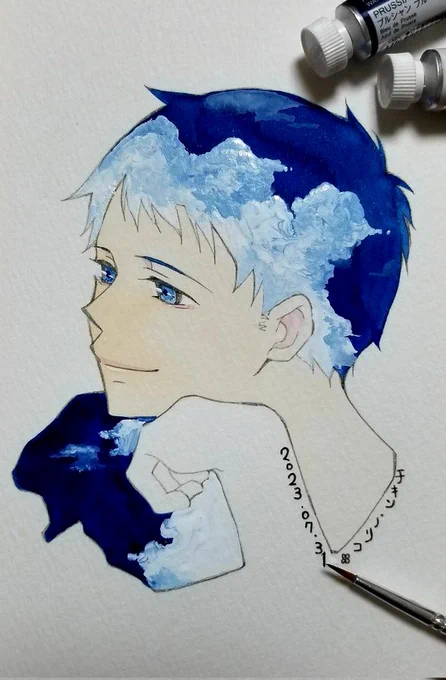 #100日チャレンジ 31日目再掲 29日目べび長男→30日目べび次男→そしてパパです( *'艸`)夏の青空をイメージして塗りましたパパの心は空の様に広く、太陽の如く熱い愛情で、わちゃわちゃと子育てしてます