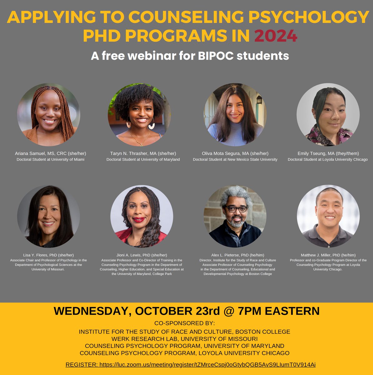 Matt Miller (@mmille27) on Twitter photo FYI <a href="/TheABPsi/">TheABPsi</a> <a href="/1NLPA/">NLPA</a> <a href="/AAPAonline/">Asian American Psychological Association</a> <a href="/amenapsy/">American Arab MENA Psychological Association</a> <a href="/APADivision17/">APA Division 17</a> <a href="/apadiv45/">APA Division 45</a>
Please help distribute this flyer!
REGISTRATION LINK: luc.zoom.us/meeting/regist⦠FYI <a href="/TheABPsi/">TheABPsi</a> <a href="/1NLPA/">NLPA</a> <a href="/AAPAonline/">Asian American Psychological Association</a> <a href="/amenapsy/">American Arab MENA Psychological Association</a> <a href="/APADivision17/">APA Division 17</a> <a href="/apadiv45/">APA Division 45</a>
Please help distribute this flyer!
REGISTRATION LINK: luc.zoom.us/meeting/registā¦