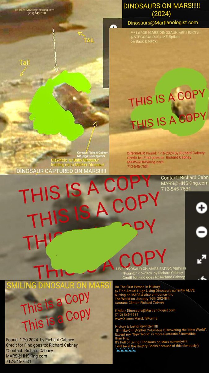 MarsLifeForms's tweet image. I'm the First Person in History to Find Actual Living DINOSAURS currently Alive &amp;amp; Living on the Planet MARS, And to Also make it Public &amp;amp; Announce it to the World on January 16th 2024! History is being Rewritten!!!!!

MARS@Martianologist.com
(712) 545-7531
X.com/MarsLifeForms