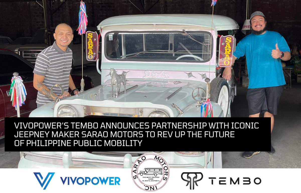 Vivo_Power's tweet photo. Tembo e-LV, a subsidiary of Nasdaq-listed B Corporation VivoPower $VVPR, announces its definitive partnership agreement with iconic Philippine jeepney manufacturer 𝗦𝗮𝗿𝗮𝗼 𝗠𝗼𝘁𝗼𝗿𝘀.

#ElectricVehicles | #EV | #EJeepneys | #TemboElectrifyTheFuture | #PowerUpWithVivoPower https://t.co/miFDOHQYfj