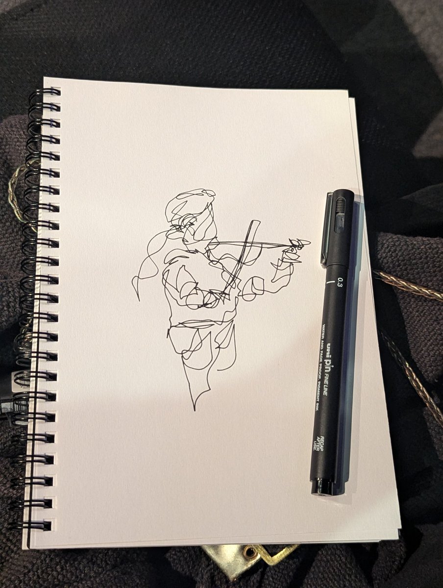 RevHappiness's tweet photo. Live #ContinuousLineDrawing 
The Violin Player 
It was a 5-string electric violin and sounded awesome. I gave the drawing to the violinist.
#TheDrumAndPage #SingleLineDrawing #Unipin #UnipinPens #CreateSomething https://t.co/26WbJMitA4