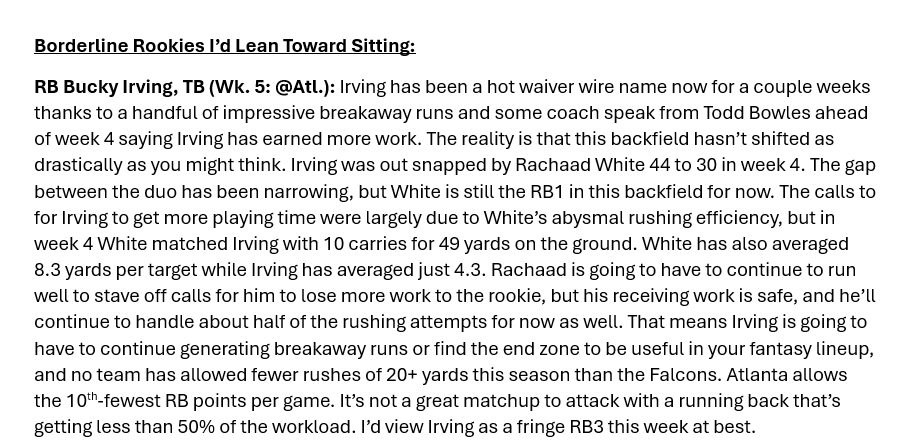 My full Rookie Report for this week on <a href="/drinkfive/">David Biggs (drinkfive.com Fantasy Football)</a> won't be up before kickoff tonight, so I wanted to share my thoughts on the one relevant rookie playing on Thursday Night Football.

Here's why I'm out on Bucky Irving in week 5: