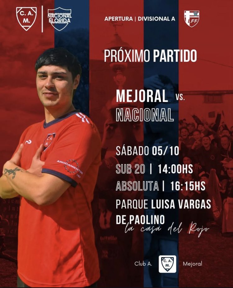 FECHA 9️⃣ EN CASA!

🆚 Nacional
📆 Sábado 05 de Octubre
Sub 20  🕣 14:00
Absoluta 🕣 16:15
🏟️Parque Luisa Vargas de Paolino

🎟️Socios: $150
🎟️Generales: $250

El sábado disputaremos la décima fecha del Campeonato Apertura de la divisional A de Florida con <a href="/CNdeF_FLORIDA/">Nacional Florida</a> 💪🔴