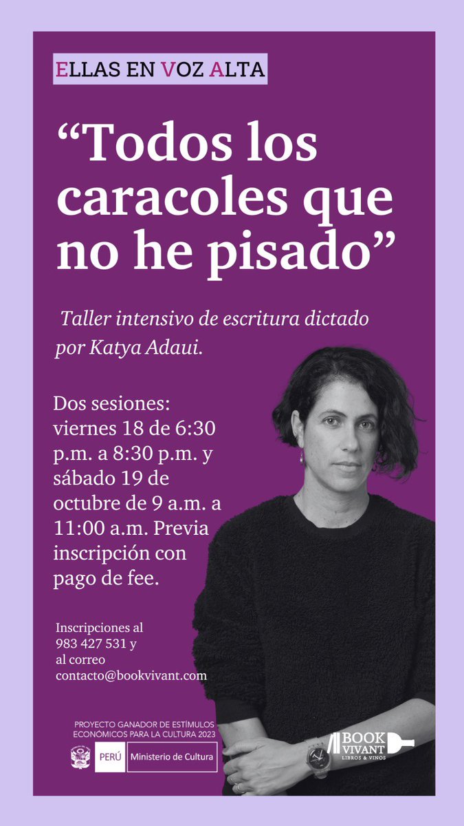 🍄¿Cómo incluir al reino animal y vegetal en nuestros textos? Nos juntaremos a escribir y editar historias que nos permitan demostrar asombro sin ingenuidad frente a la naturaleza. 

🇵🇪Dictaré en Lima el taller “Todos los caracoles que no he pisado”.  

🐌 contacto@bookvivant.com