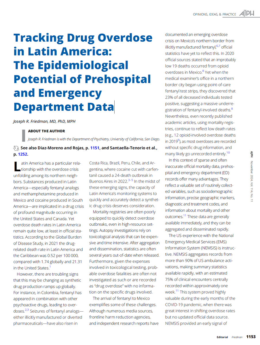 With emerging signs that fentanyl is becoming more common in Latin America--but limited official mortality records--linked EMS and emergency department data systems offer great potential for overdose outbreak monitoring.

Editorial in <a href="/AMJPublicHealth/">AJPH</a>:
ajph.aphapublications.org/doi/epub/10.21…