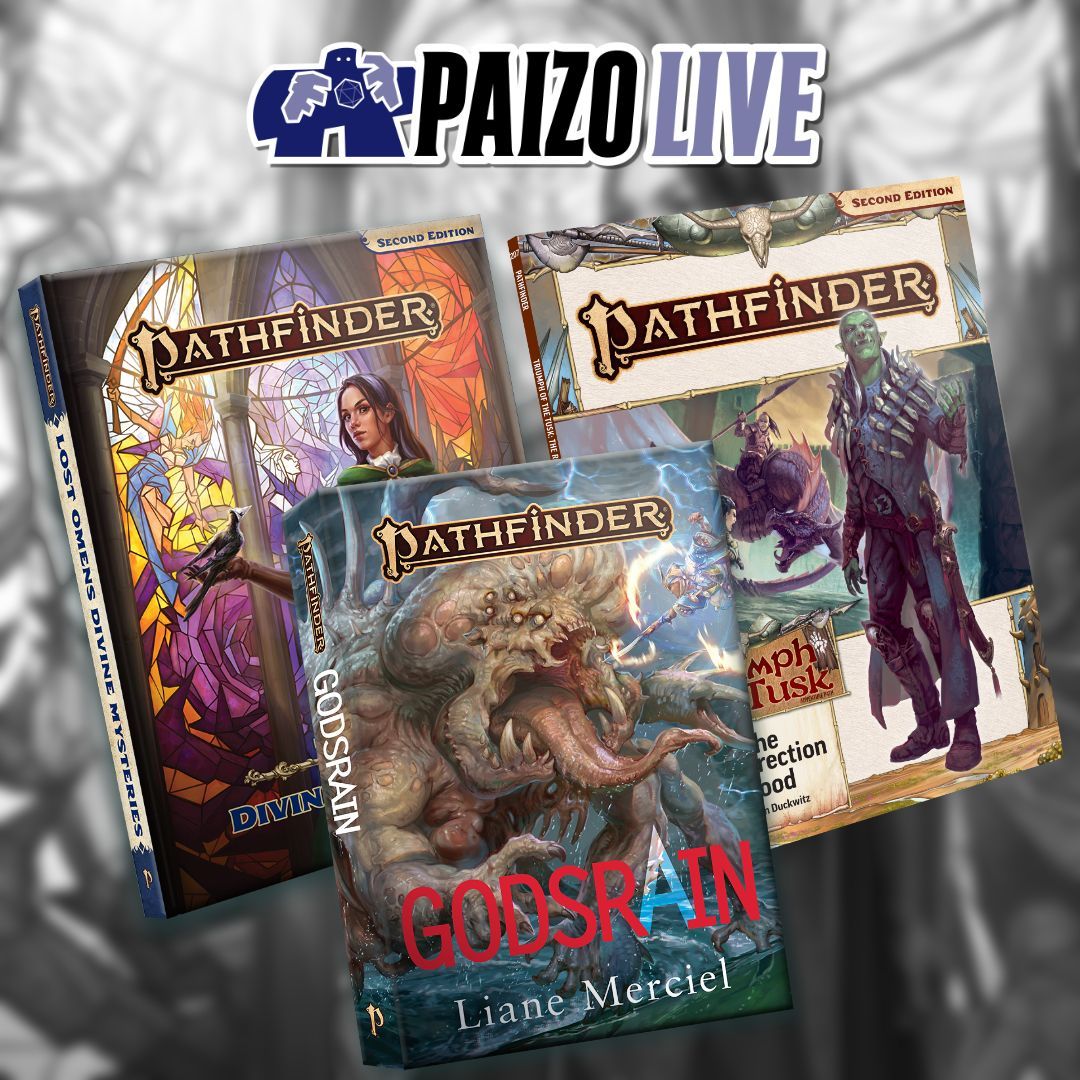 paizo's tweet image. Join us tomorrow at 4pm Pacific on twitch.tv/officialpaizo for this month's Paizo LIVE! featuring segments on Godsrain: A Pathfinder Novel, Lost Omens Divine Mysteries, and Triumph of the Tusk!