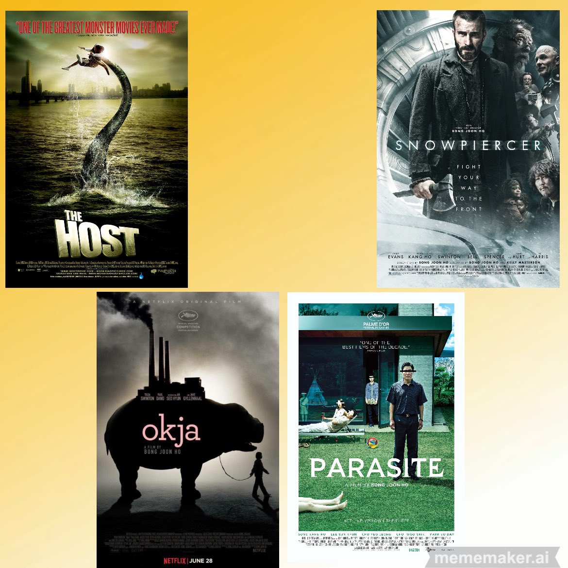 Sniperwolfstar1's tweet photo. #chooseyourchampion #chooseone #pickone #saibladenation #harddecision #whichoneisyourfavourite #poll #snowpiercer #okja #parasite #host #kanghosong @kang_ho_song #bongjoonho @bong_joon_ho https://t.co/p9Rpi2Ag7v