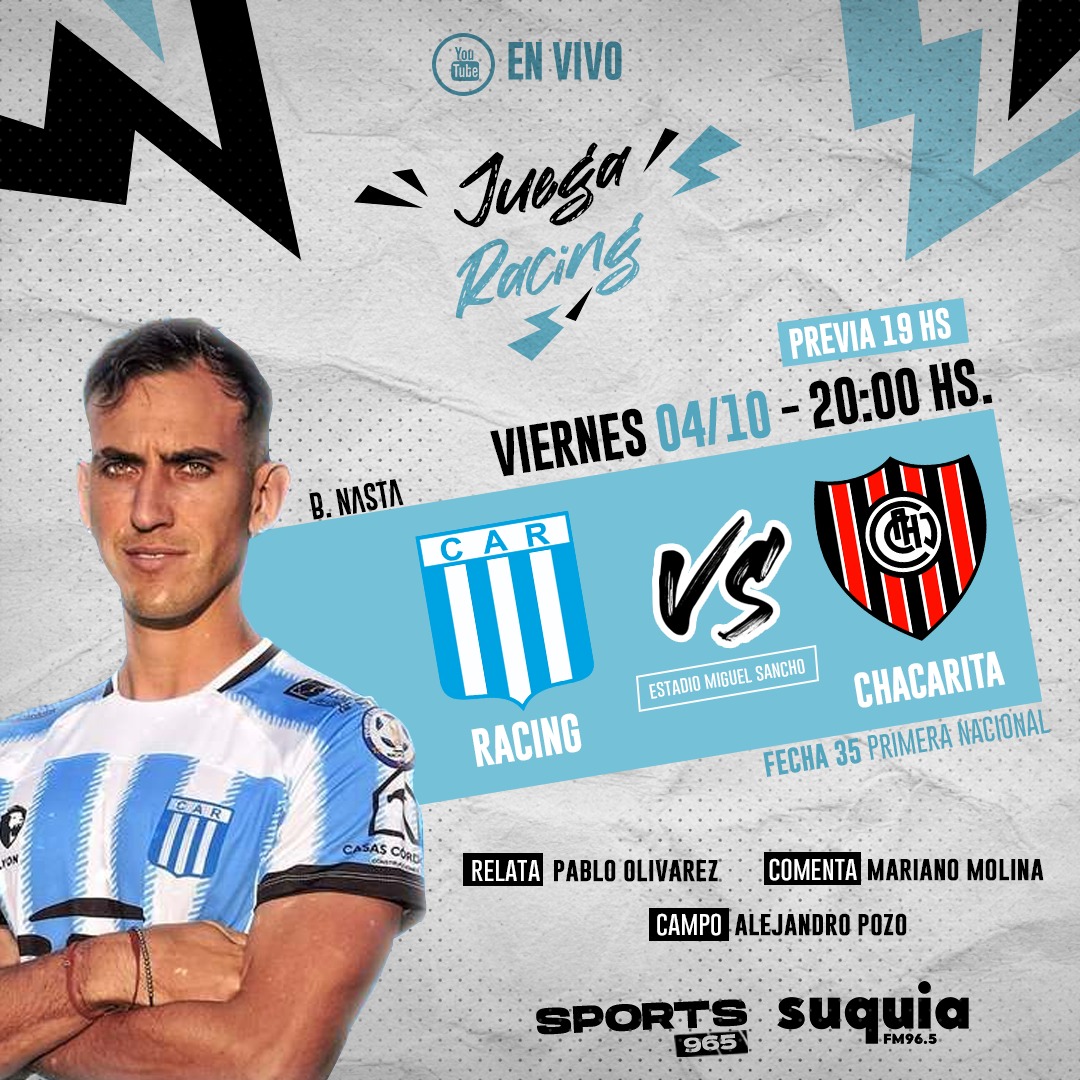 Mañana desde las 19 la previa de <a href="/ClubARacing/">Club Atlético Racing</a> que recibe a <a href="/ChacaOficial/">Chacarita Juniors</a> para seguir peleando en la tabla. Por <a href="/radiosuquia/">Radio Suquía</a> <a href="/PabloOlivarez9/">Pablo Olivarez</a> <a href="/geracopp/">Gerardo Coppari</a> #marianomolina