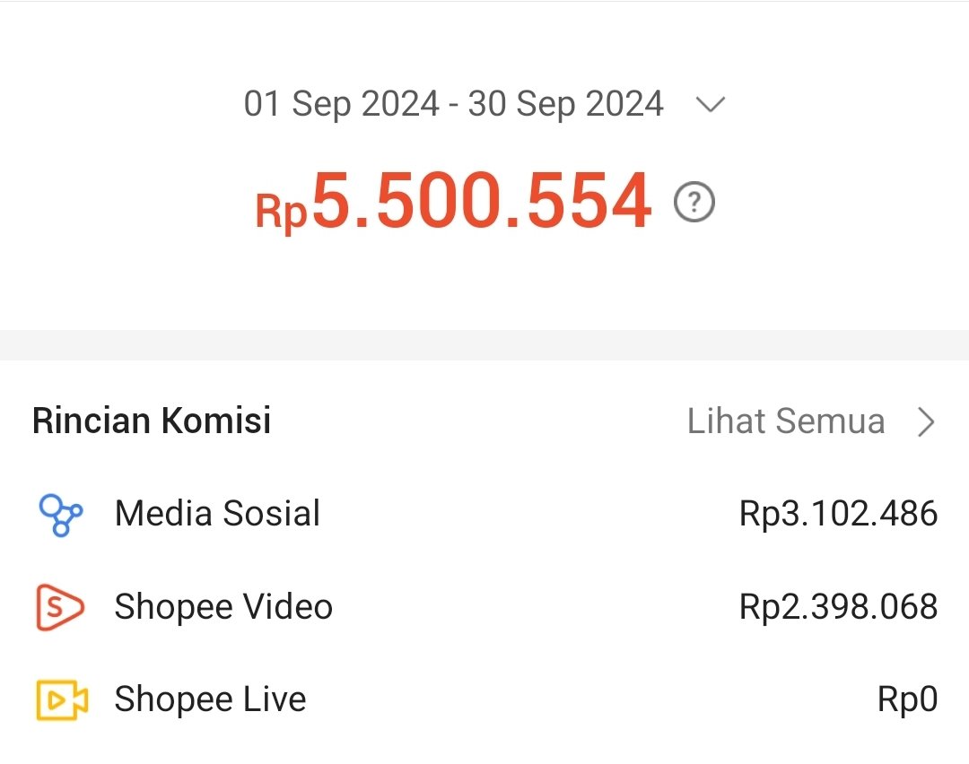 Hasil Affiliate ku bulan september tanpa LIVE.
Kuncinya 1 hari konsisten :
 • Upload 1-3 Video 
+ Sharelink 5 produk di sosmed ( IG dan FB)
.
Bangun personal branding dimanapun, insyallah rejekinya ngikut