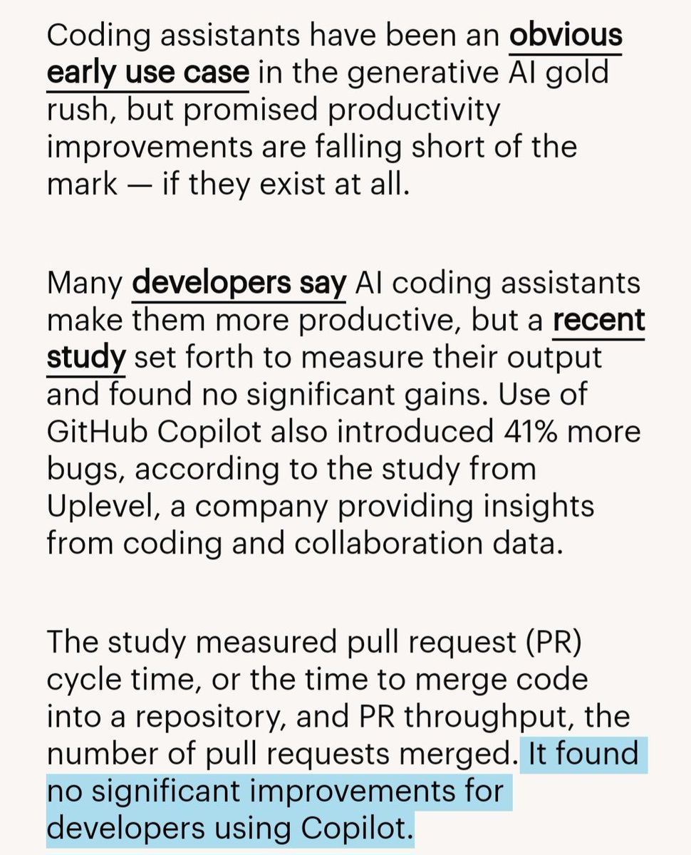turns out using copilot for coding, neither increases productivity nor reduces burnout but increases (by 41%) bug rate according to a study that assessed 800 developers