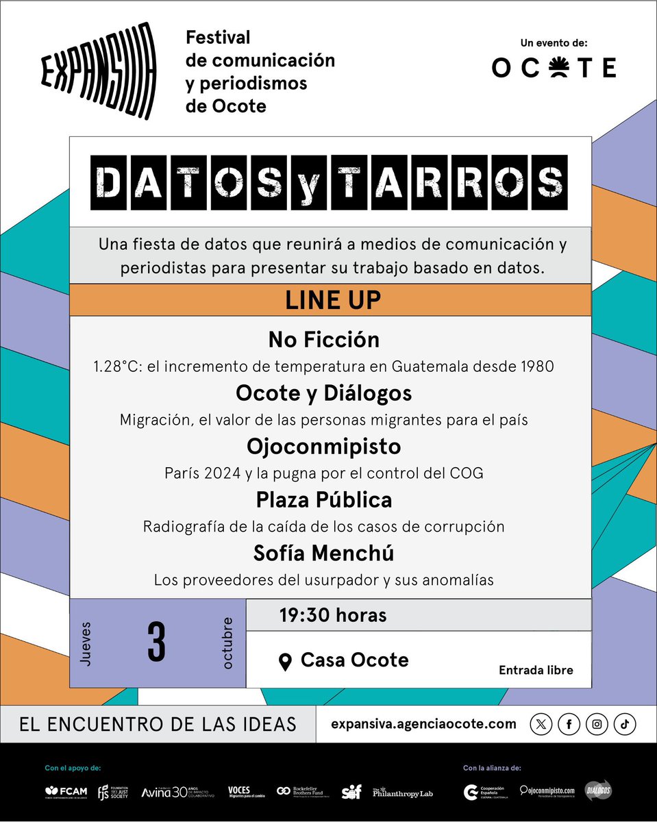 ¡Se nos viene una jornada de paneles y fiesta datera en #ExpansivaFestival ⚡️!

✅ El periodismo en los tiempos de la IA 
        17:00 | CCE
✅ Entre periodismos y feminismos
        18:00 | CCE
✅ #DatosYTarros 🍻📊
        19:30 | Casa Ocote 

🎟️Entrada libre

¿Nos acompañas?