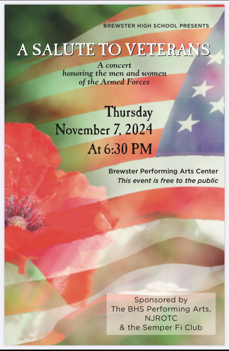 Mark you calendars and enjoy a night honoring and celebrating our Veterans! 🇺🇸 ❤️
<a href="/brewsterschools/">Brewster Central School District</a>