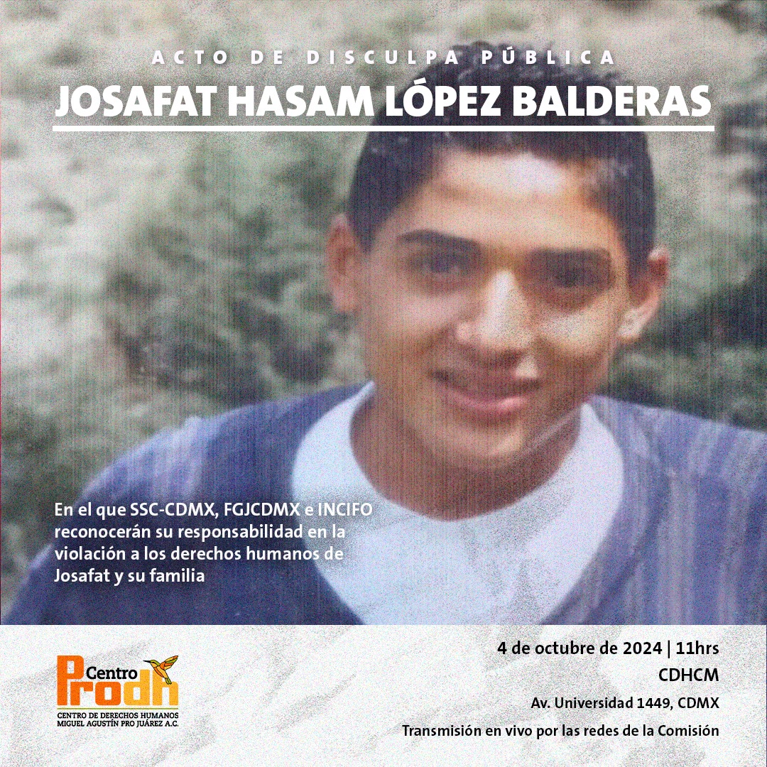 🕊 #EnAgenda | Autoridades de la CDMX realizarán un acto de disculpa pública a la familia de Josafat Hasam López Balderas, víctima de violaciones graves a derechos humanos, incluyendo su ejecución extrajudicial en 2012.

📅 Fecha: 4/10
🕙 Hora: 11hrs
📍 Lugar: #CDHCMX Sala "Digna