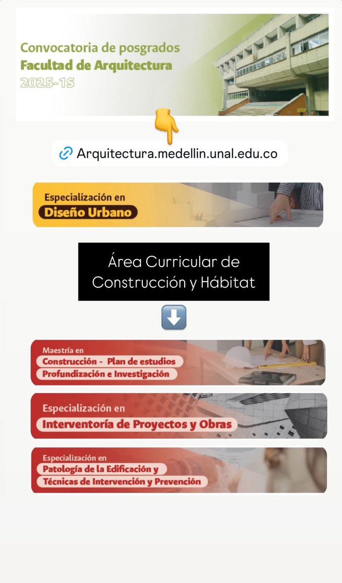 CNT_UNAL's tweet photo. Convocatorias de Posgrados de la Facultad de Arquitectura 2025-1S

https://t.co/H00nX7smk8

@Arq_unalmed https://t.co/9QAAiErL9Q