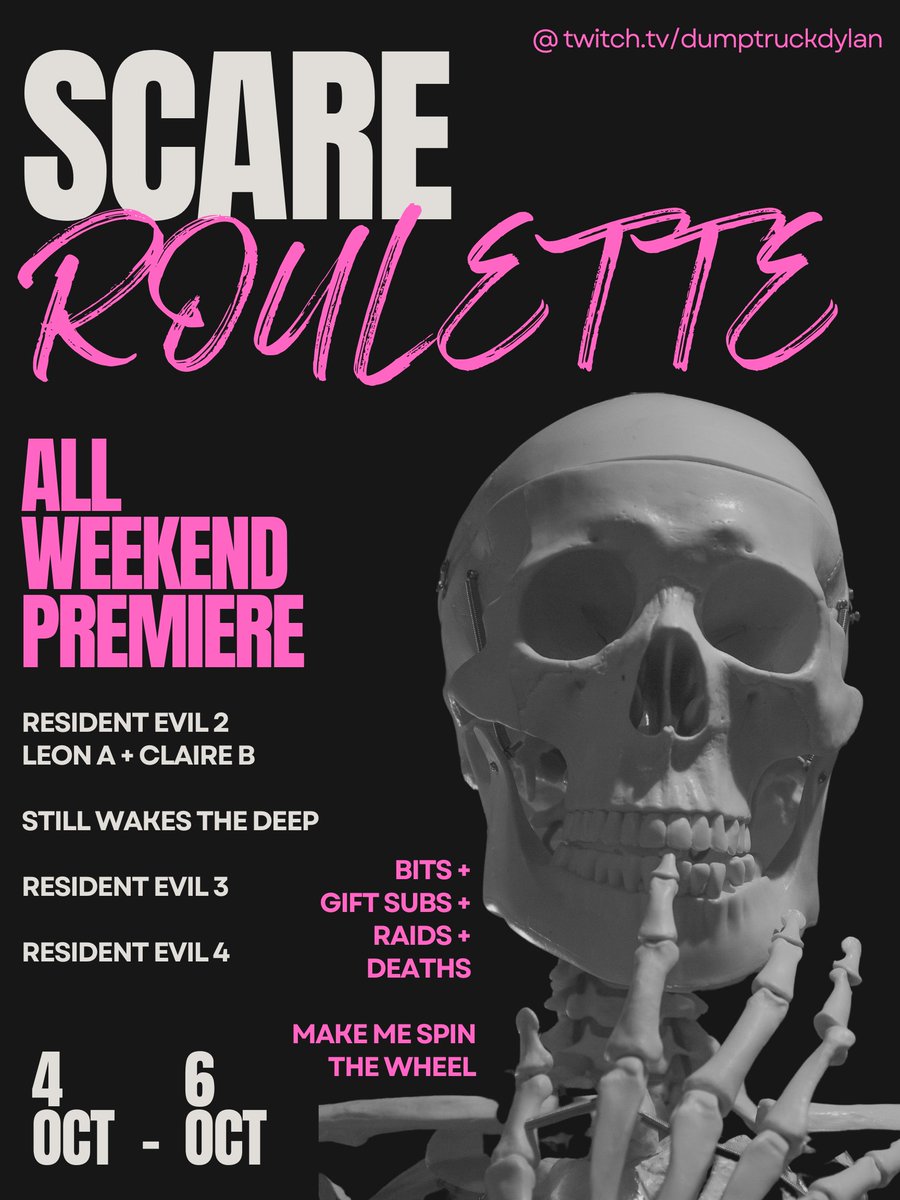 Starting off Scare-Roulette with a BANG 🧨

stream starts Friday and goes all the way till Sunday 🫨
 playing a bunch of Resident Evils + Still Wakes the Deep overnight + Song Battles to cap off the weekend 🕺

im pumped see ya there 🤝