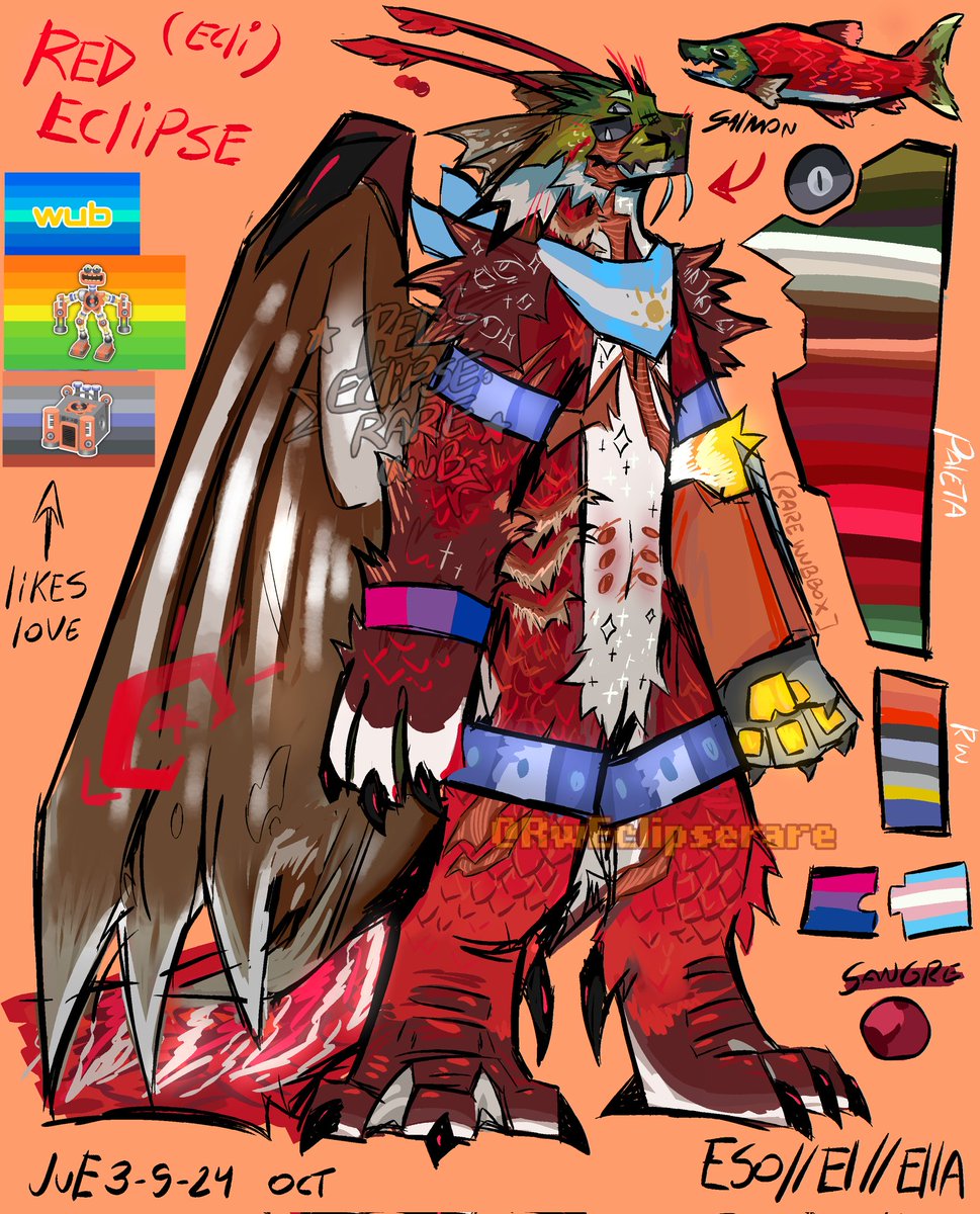 SalmonRedEclipX's tweet photo. ya coloreado mi nueva (avatar//oc//fursona).   me equivoqué con el tamaño la cola vendrá por separado 1/3,   tenía que combinar con el nombre que tengo de logo 

#ocart #oc #art #furry #furryart #artoc #salmónsalvaje #salmón  #drawing #ocMonster #artmonster https://t.co/bDHtGATDBU