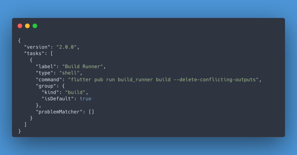 BosonJoe's tweet image. Pro #Flutter Tip: One-click build_runner

1. Add this to the tasks.json file in the .vscode folder
2. Add a hot key for &quot;Tasks: Run Task&quot;