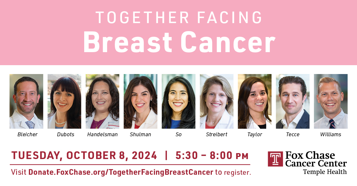 Just a few days until Together Facing Breast Cancer, a free educational workshop at Fox Chase Cancer Center on 10/8/24. The program will feature a panel of Fox Chase clinicians and researchers discussing promising treatments for breast cancer: bit.ly/3Y8u018