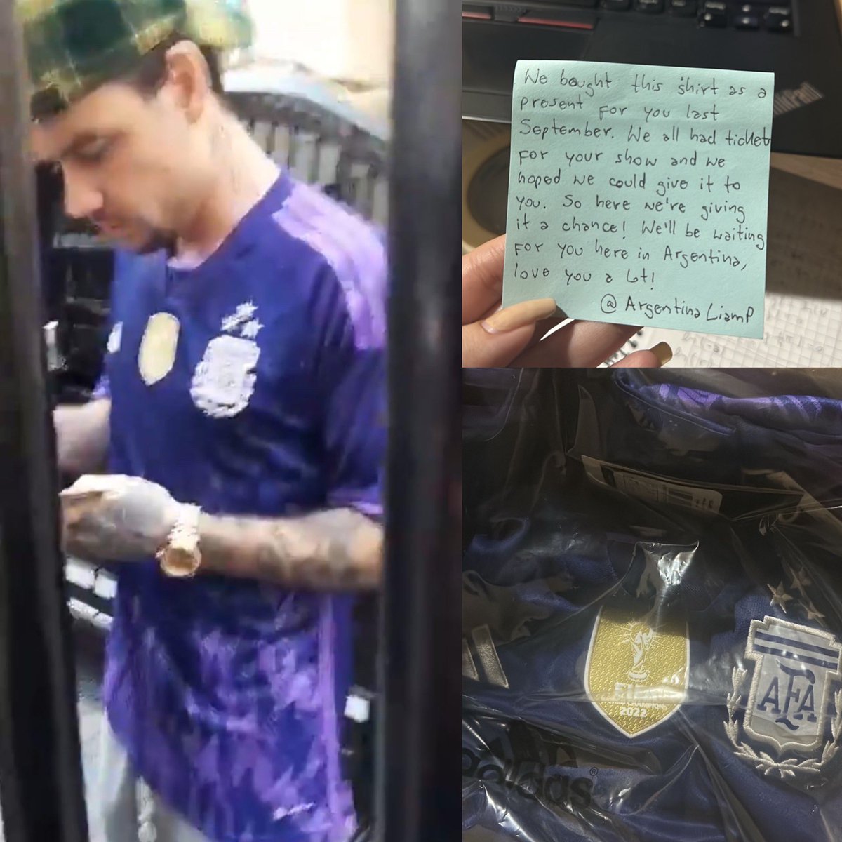 ArgentinaLiamP's tweet photo. ANOTHER CORONACIÓN DE GLORIAAAA🇦🇷🇦🇷

La camiseta que con tanto amor compramos el año pasado, finalmente el martes se la pudimos entregar a Liam😭 y hoy ya la estaba usando!! no damos más de la felicidad los sueños están para cumplirse Thank you @LiamPayne Argentina LOVES you❤️ https://t.co/TWbWlleLCE