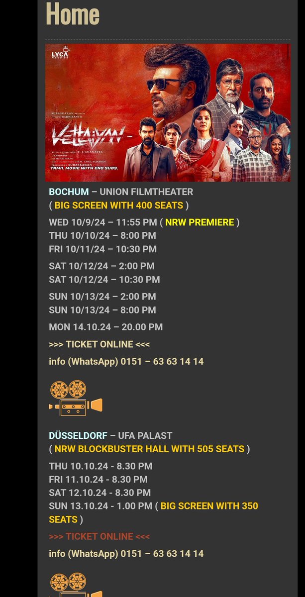 Searching4ligh1's tweet photo. #Vettaiyan Germany off to good start 🔥🔥

Good release ,more cities and screens added on a daily basis 🔥🔥@LycaProductions 👏

#VettaiyanTheHunter
#VettaiyanTrailer #Vettaiyanbookings 
#Jaier #Rajinikanth #SuperstarRajinikanth #Coolie https://t.co/lZvLhGoNri