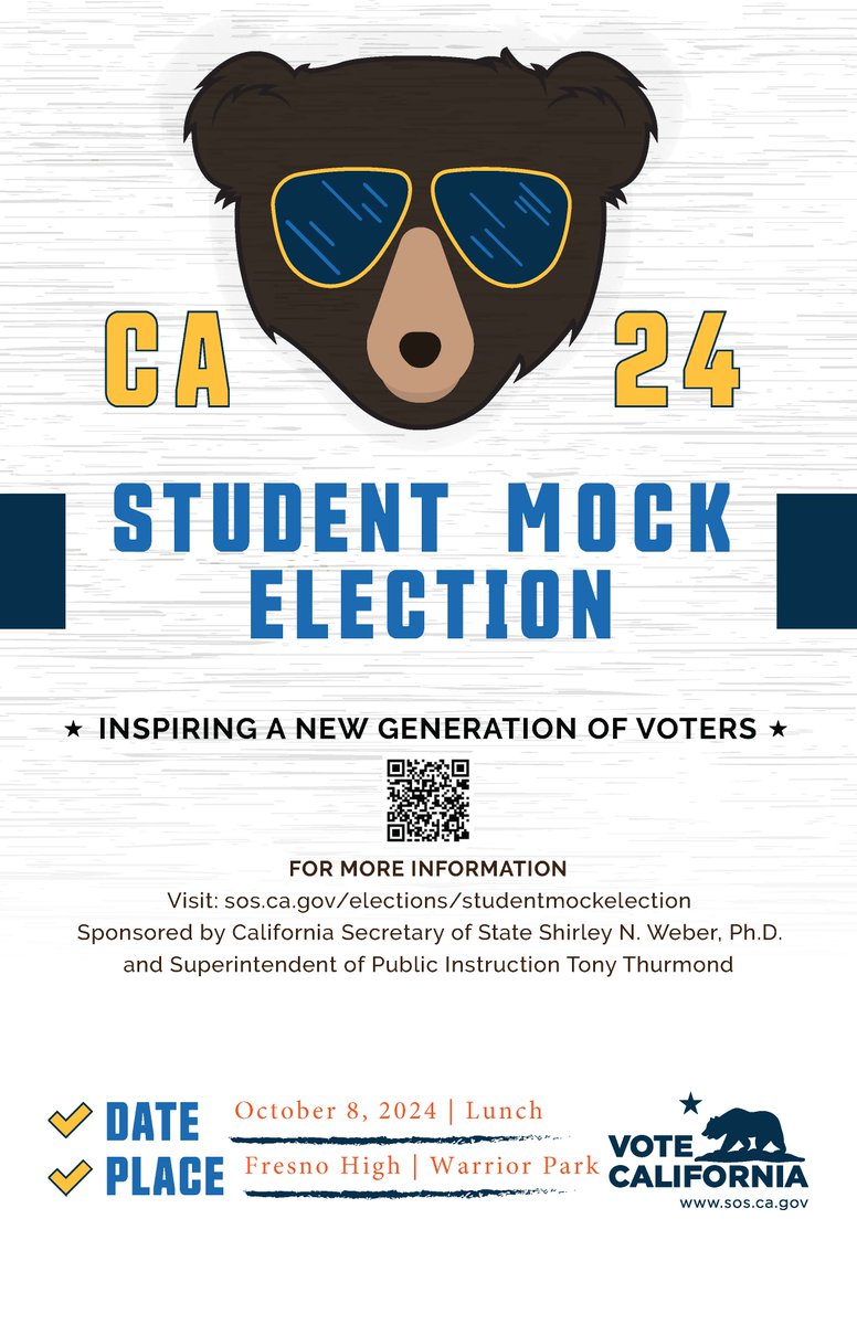 Warriors! Please join us on Tuesday, October 8th during lunch in Warrior Park to vote in our first Student Mock Election! The 2024 CA Student Mock Election helps young people discover the importance of elections and the power of their vote in our democracy. #sosca .<a href="/The_FHS_Daily/">Fresno High Warriors</a>