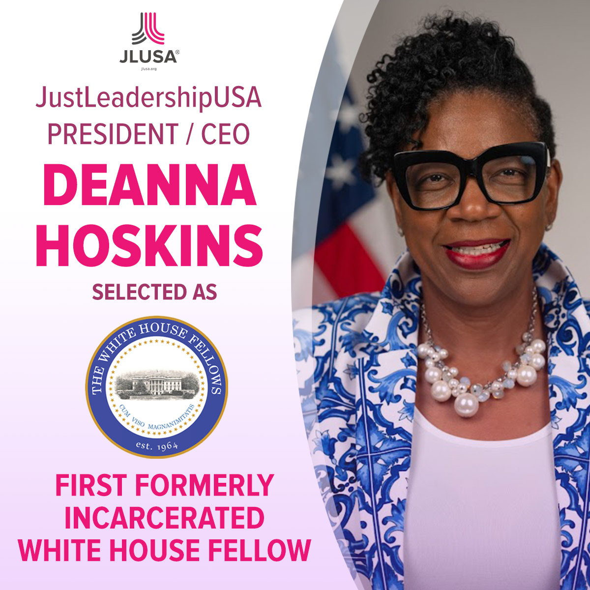 JustLeadershipUSA (@justleadersusa) on Twitter photo Today <a href="/WHFellows/">White House Fellows Foundation & Association</a> announced that JustLeadershipUSA President/CEO & <a href="/JustUSCouncil/">JustUS Coordinating Council</a> founder <a href="/MzDeHoskins/">DeAnna “EnoughIsEnough” Hoskins</a> has been appointed as one of the next 15 leaders—& the first formerly incarcerated person in the 57-year history of the program.
Read more: jlusa.org/2024/10/03/dea…
#JLUSAstrong Today <a href="/WHFellows/">White House Fellows Foundation & Association</a> announced that JustLeadershipUSA President/CEO & <a href="/JustUSCouncil/">JustUS Coordinating Council</a> founder <a href="/MzDeHoskins/">DeAnna “EnoughIsEnough” Hoskins</a> has been appointed as one of the next 15 leaders—& the first formerly incarcerated person in the 57-year history of the program.
Read more: jlusa.org/2024/10/03/dea…
#JLUSAstrong