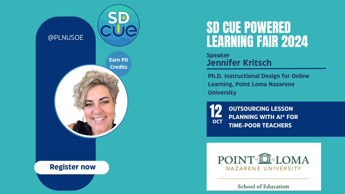 SanDiego_CUE's tweet image. .@PLNUSOE from @PLNU Point Loma Nazarene University is speaking about Outsourcing Lesson Planning with AI at the #SDCUE PL Fair! @CUEinc
Register today - bit.ly/sdcue24
